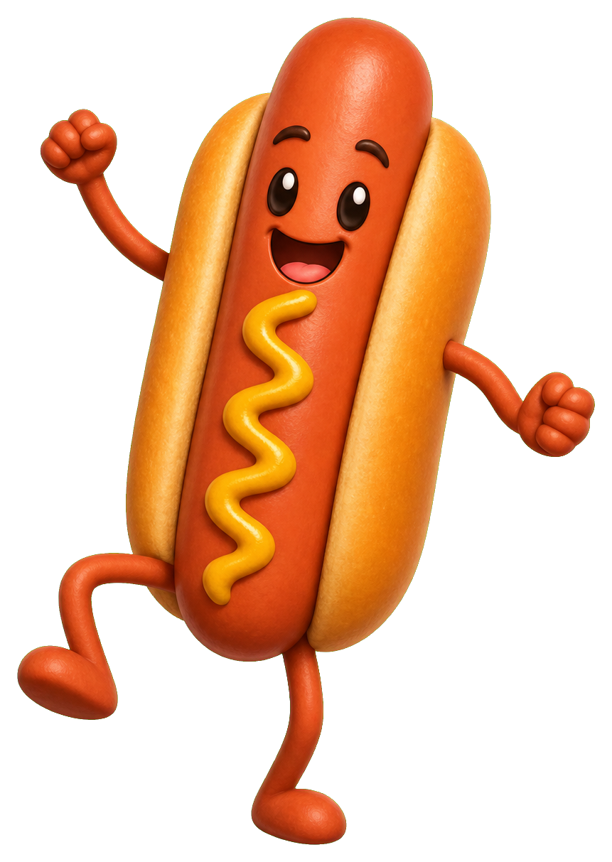 Smiling hot dog character with raised arms and dancing legs