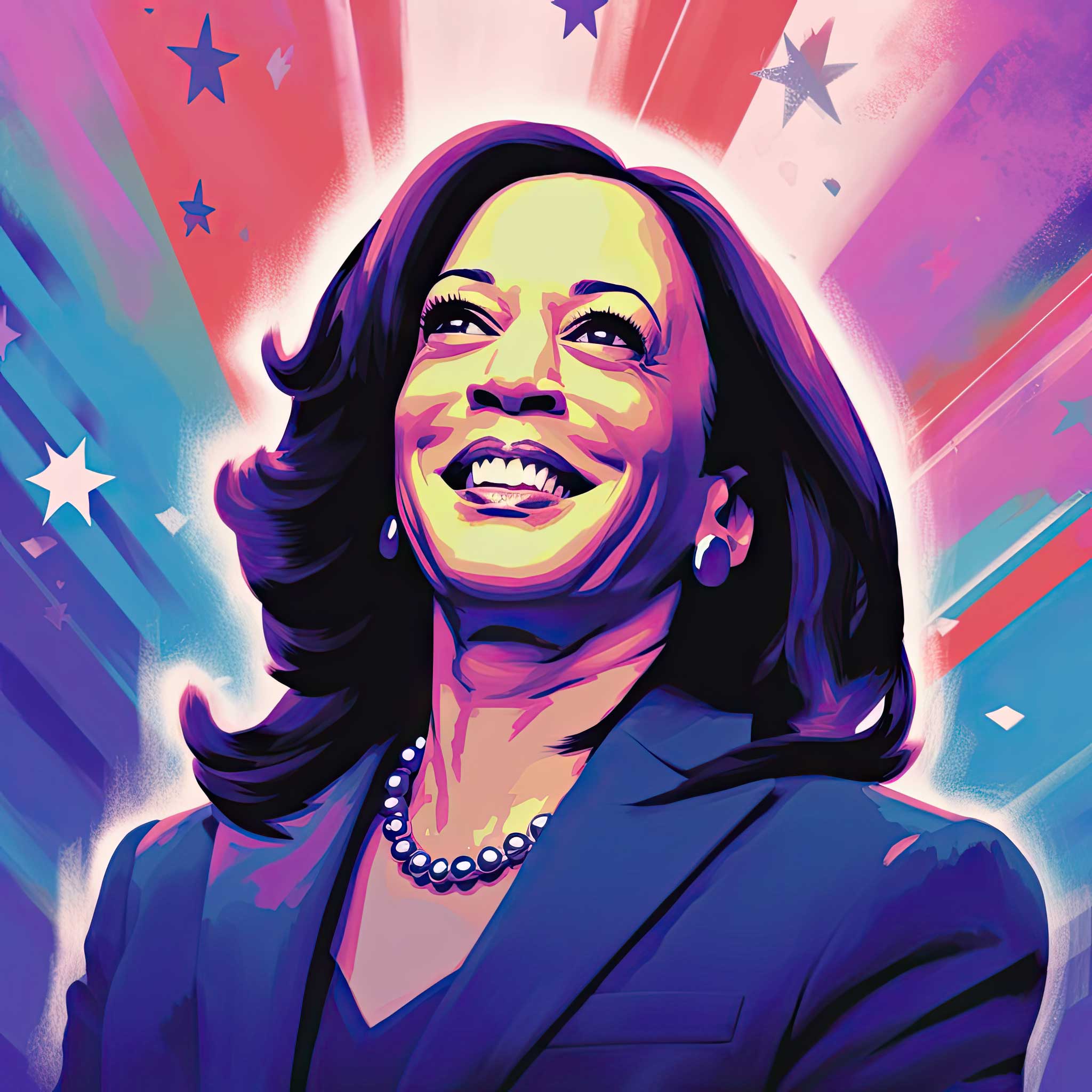 Stylized portrait of Kamala Harris against a colorful abstract background.