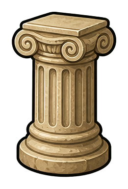Small beige stone column with carved details and decorative scrolls