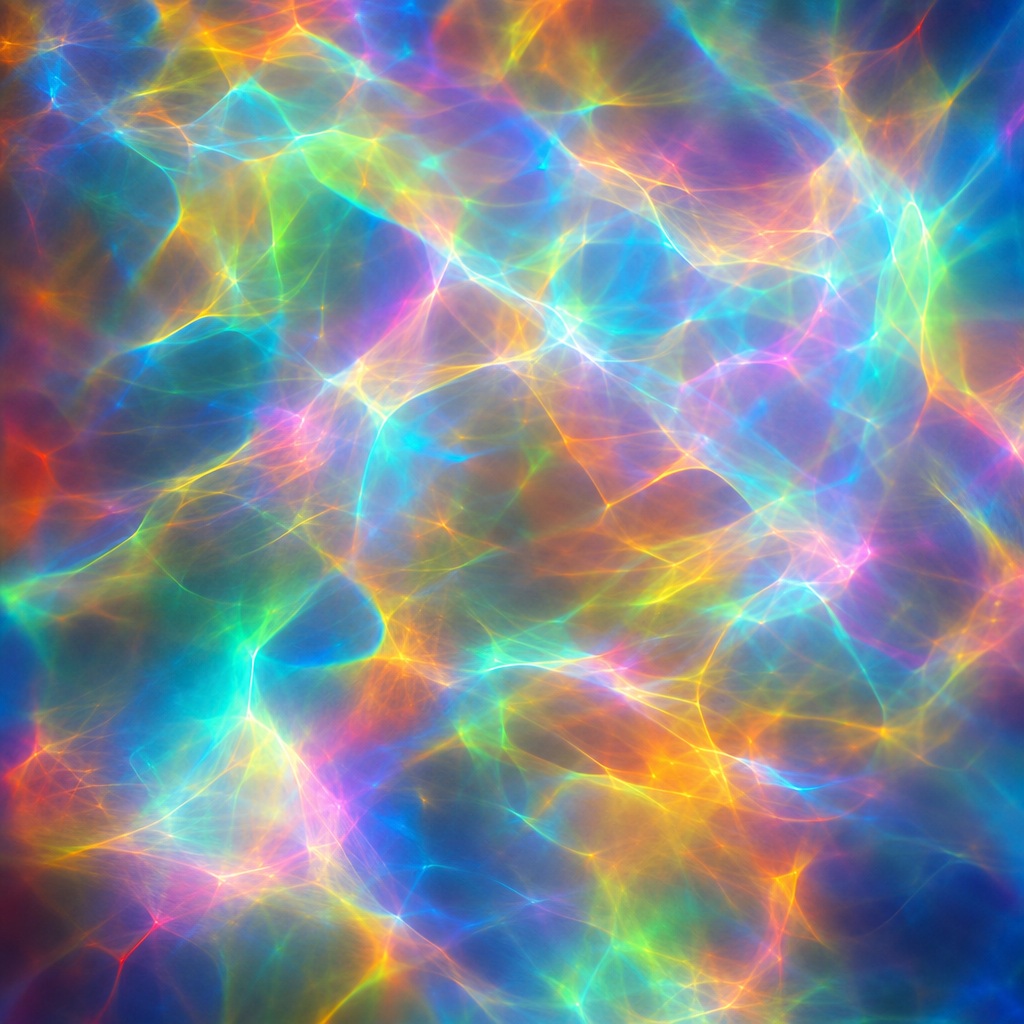 Abstract rainbow light caustics with overlapping prism colors on a dark background