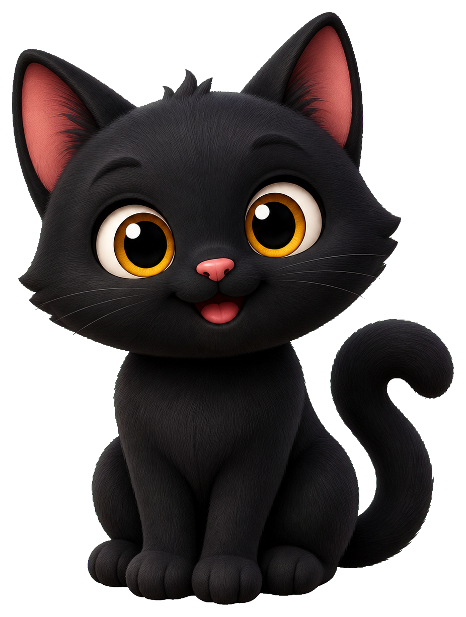 Cute black cat with big eyes sitting and smiling on a transparent background