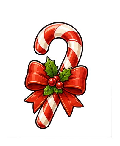 Red and white candy cane shaped into a bow with holly and berries