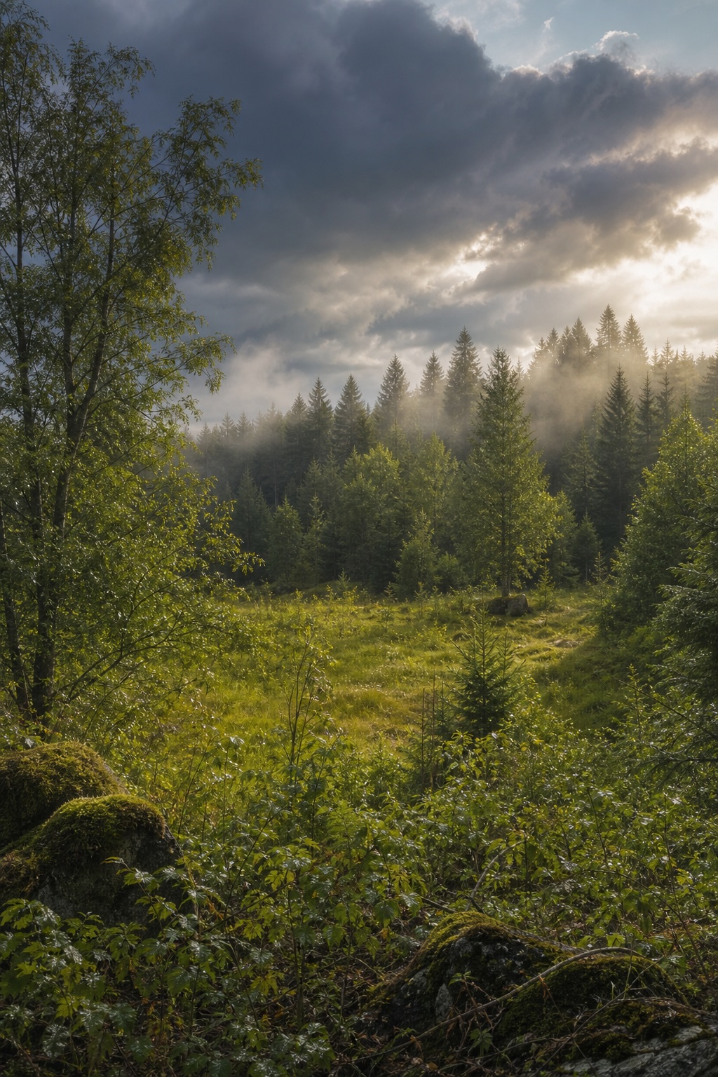 Sunbeams breaking through clouds over a forest clearing and wooded hillside.