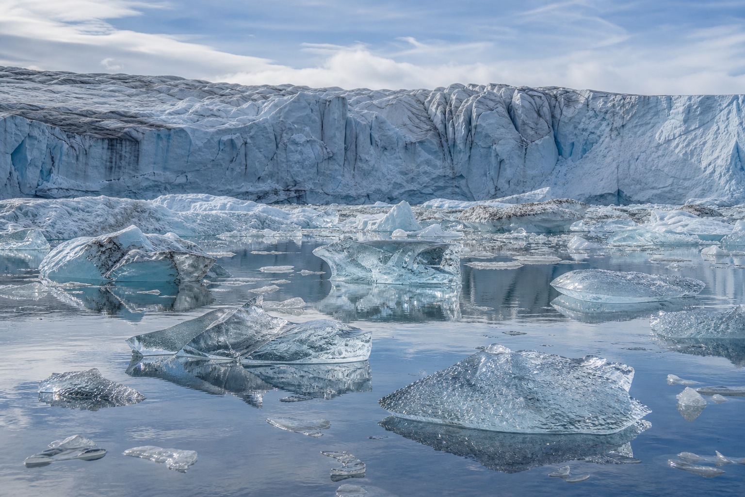 Blue glacier cliffs reflected in calm polar water with floating ice