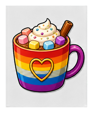 Colorful rainbow cocoa mug with whipped cream and a candy cane stirrer
