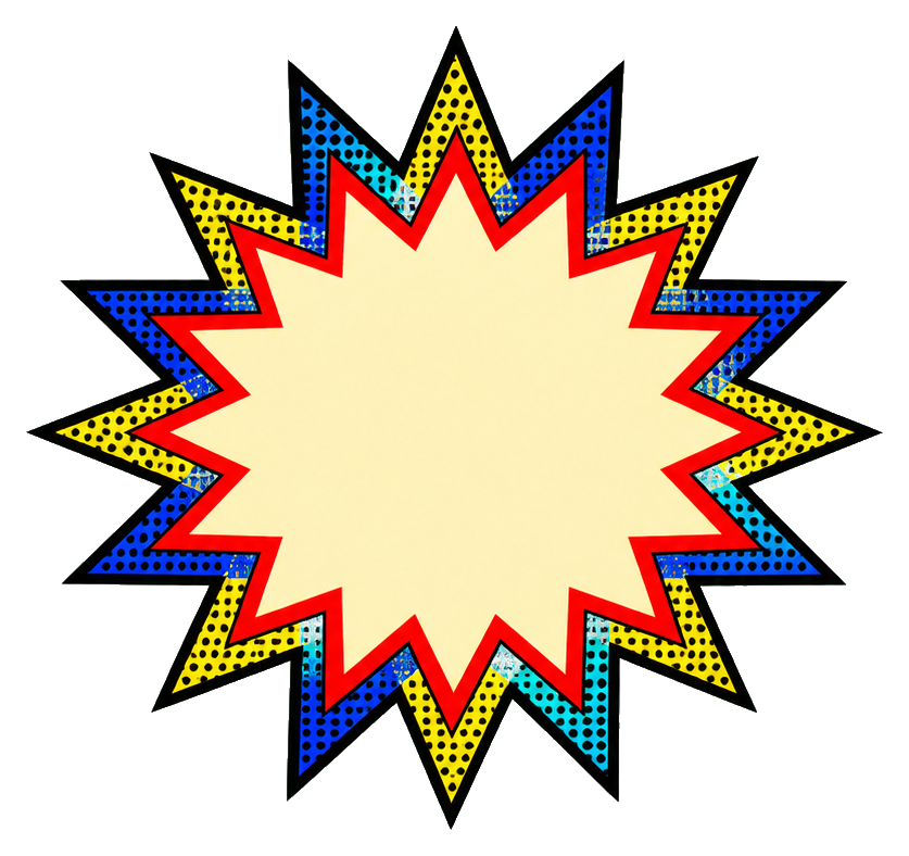 Cream starburst shape with red outline and colorful halftone spikes on black background
