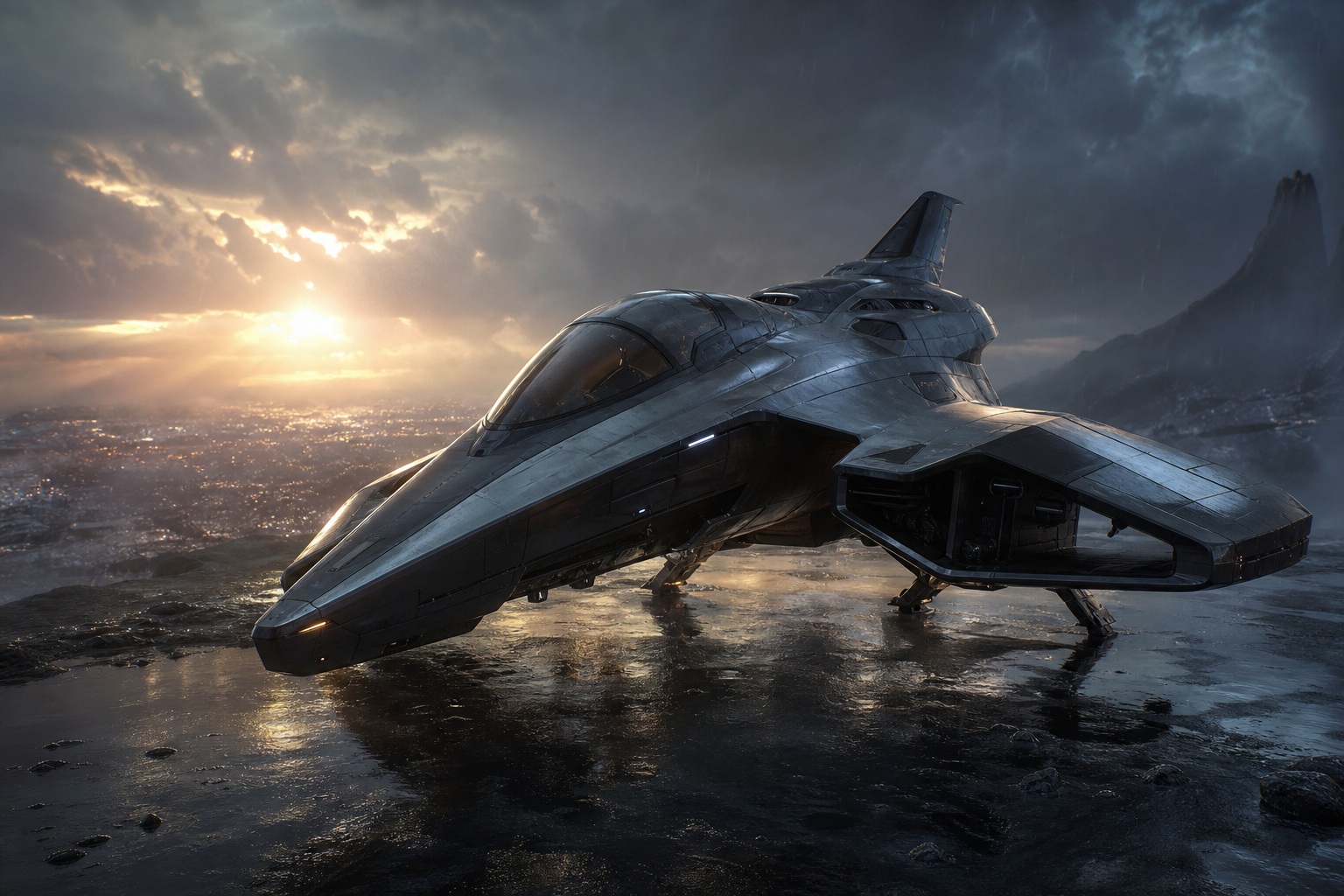 Sleek futuristic spacecraft resting on wet ground with glowing sunset light and rain reflections.