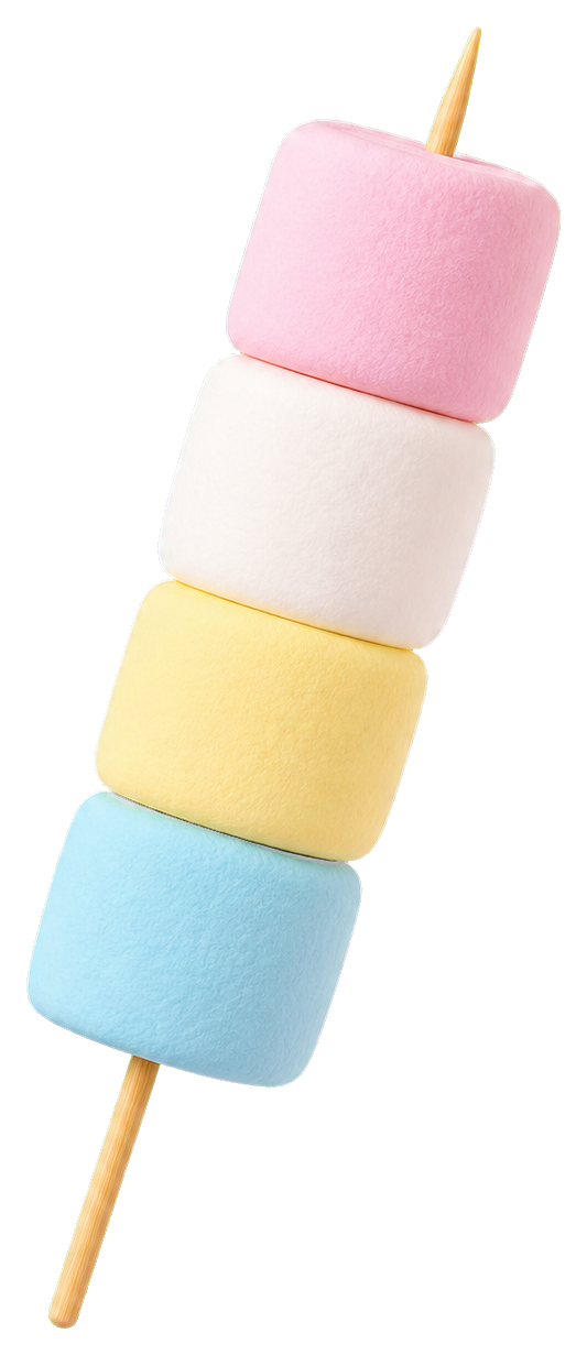 Vertical skewer with four pastel marshmallows in pink, white, yellow, and blue