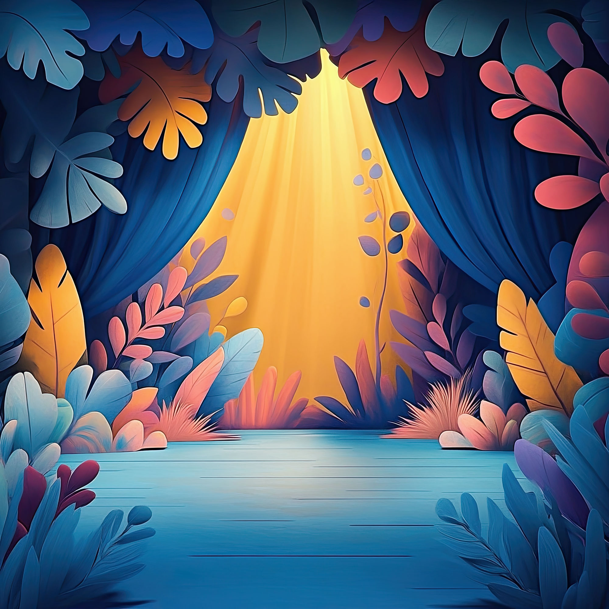 Preview for Theater-stage-with-leaves-and-curtains-whimsical-backdrop-backgr-c01c6