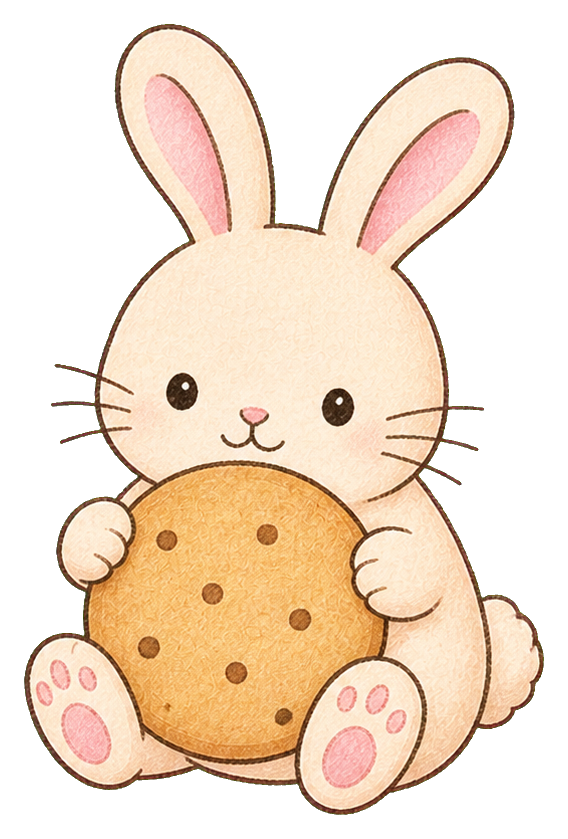 Cute kawaii rabbit holding a cookie and sitting with pink paw pads