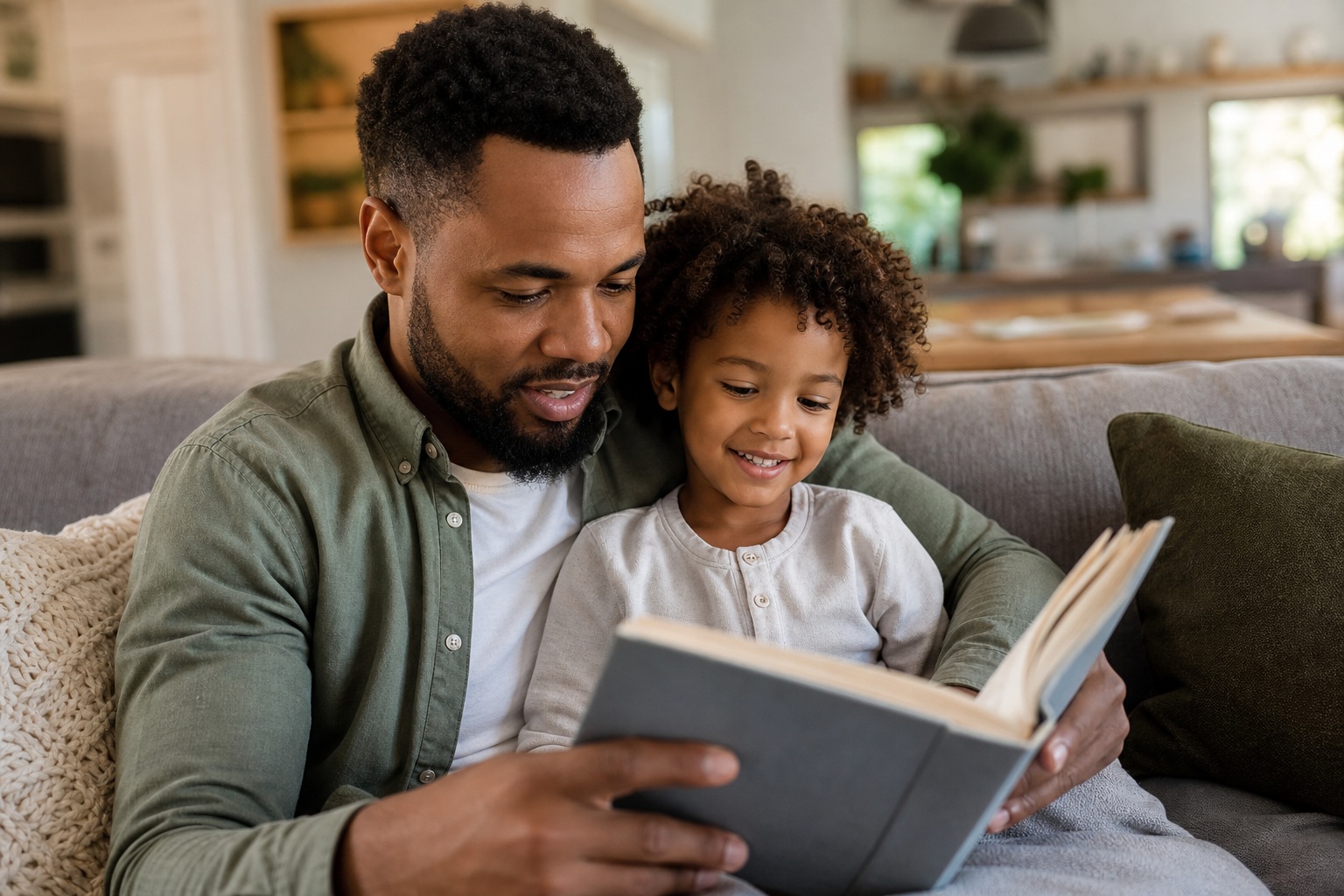 Father and young child reading a book together on a couch at home.