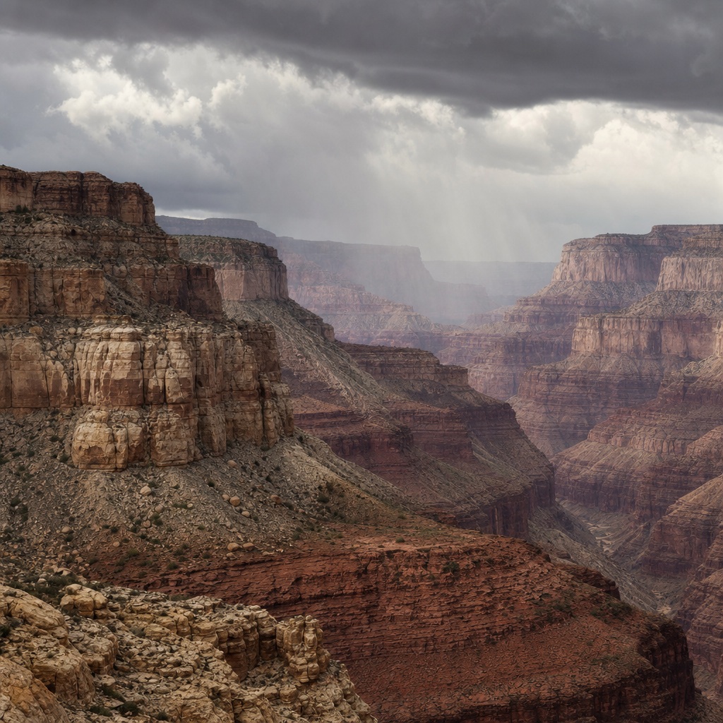 Layered red sandstone canyon walls beneath dark storm clouds and distant mountains.