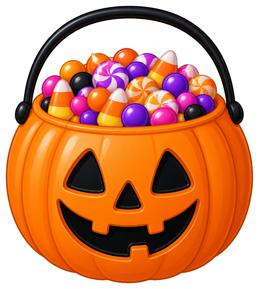 Orange jack-o'-lantern bucket filled with colorful candy pieces