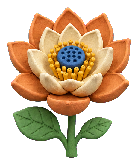 Matte clay lotus flower with layered petals and green leaves