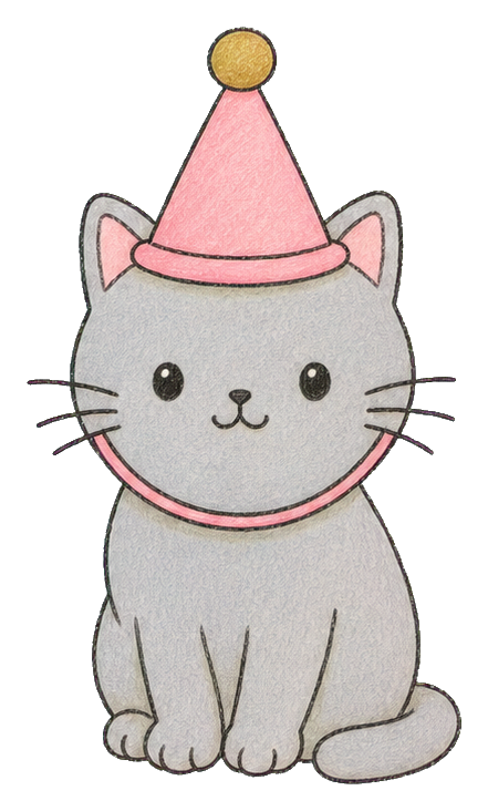 Cute gray cat wearing a pink party hat with a pom-pom on top.