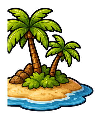 Tiny tropical island with palm trees, rocks, and blue water around the shore.
