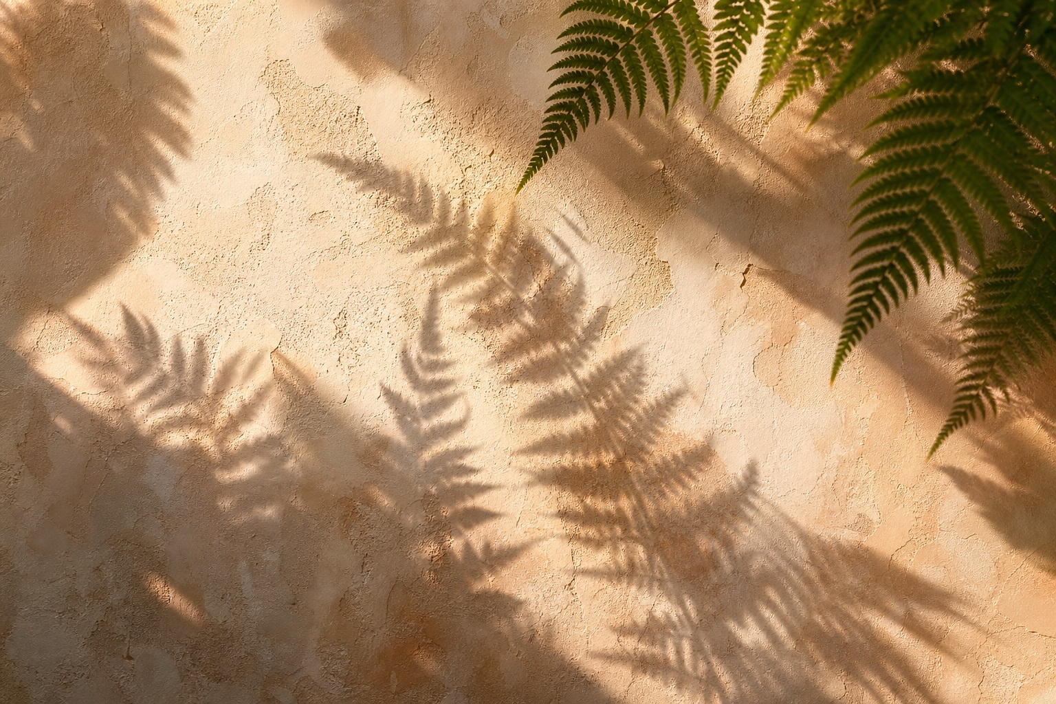 Soft fern and leaf shadows falling across a warm plaster wall.