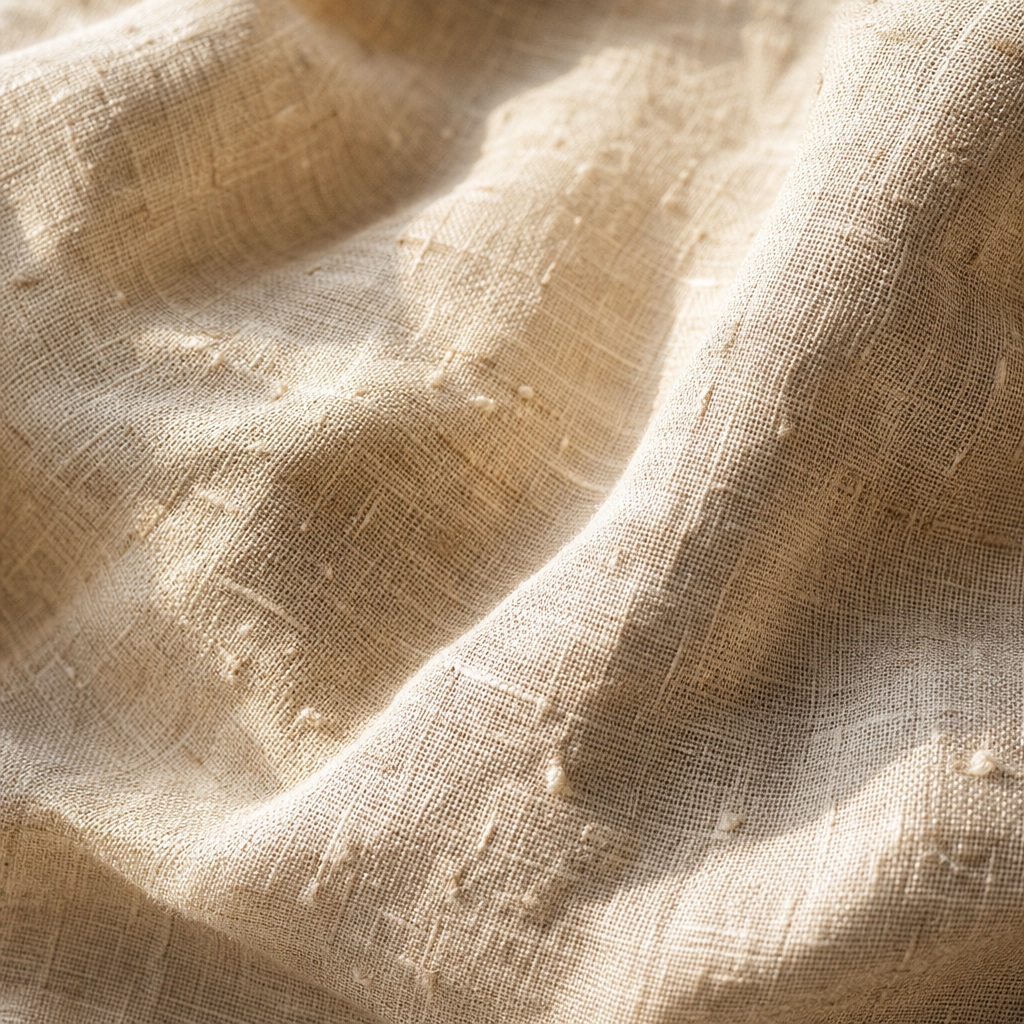 Sunlit beige linen fabric with soft folds and woven texture