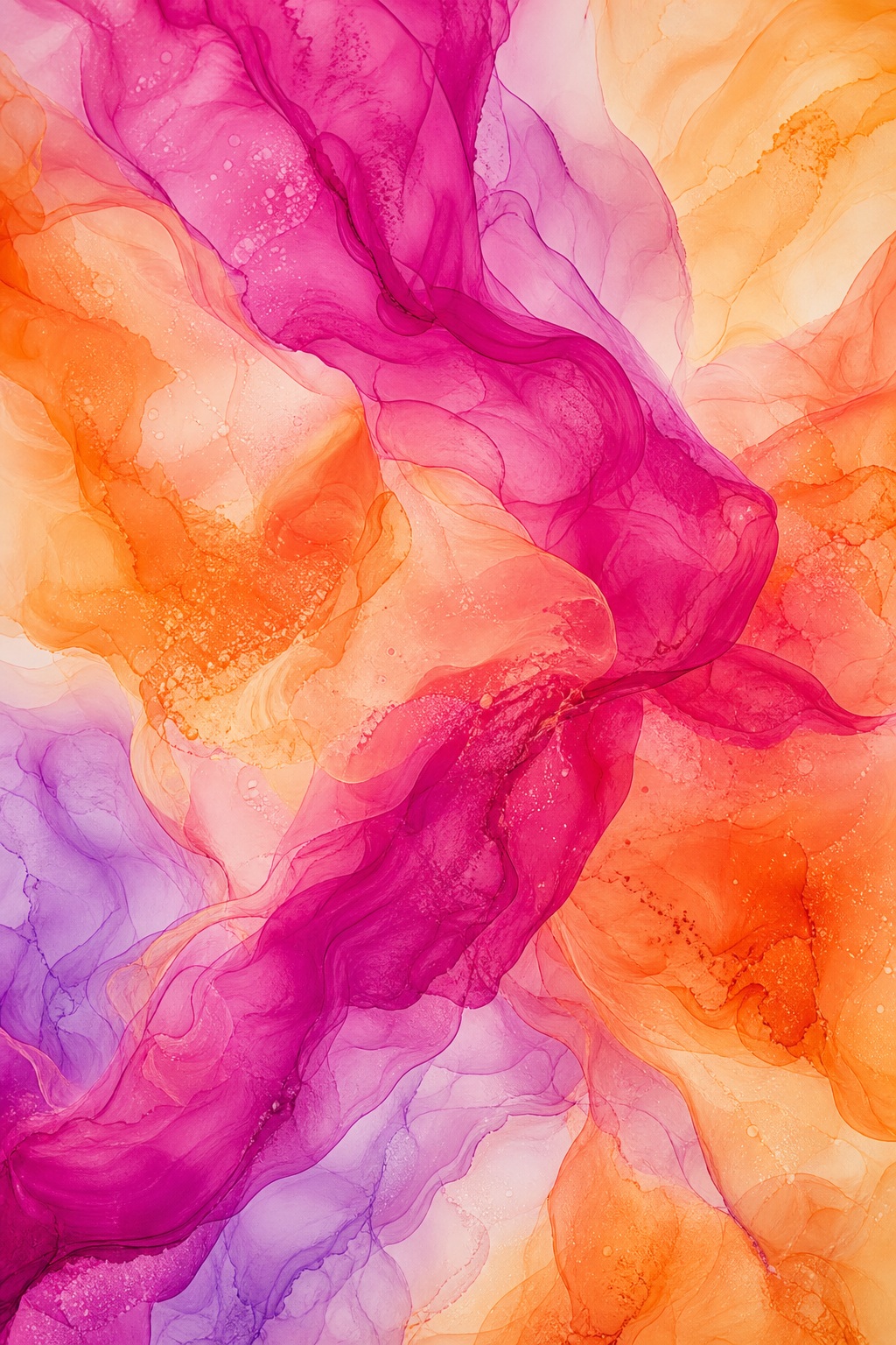 Magenta and orange alcohol ink flowing in layered abstract marbled shapes.