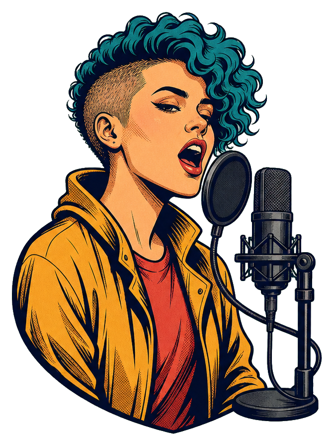 Illustrated singer with teal shaved sides hair singing into a microphone.