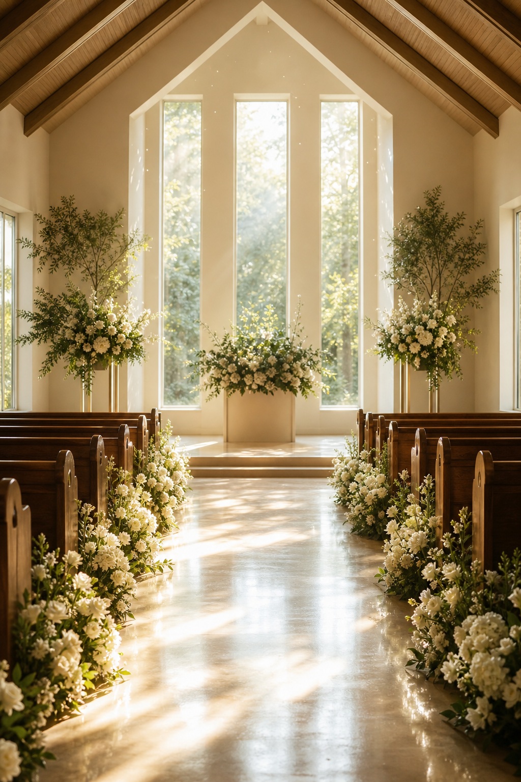 Bright chapel aisle with floral arrangements and sunlight through tall windows