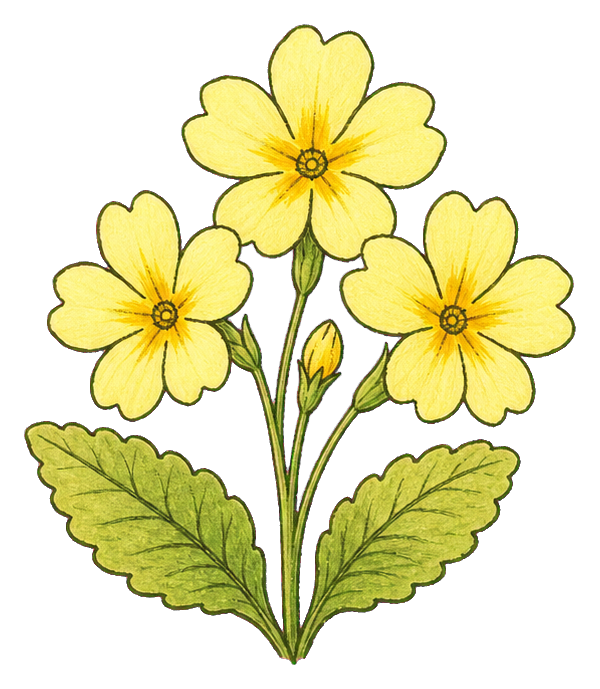 Three yellow primrose flowers with green leaves on a transparent background