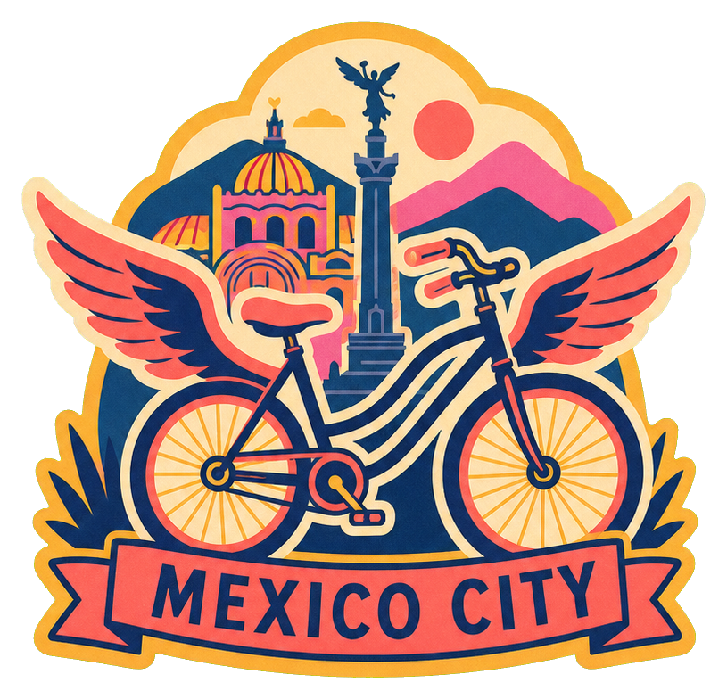 Illustrated winged bicycle with Mexico City word art and colorful city skyline