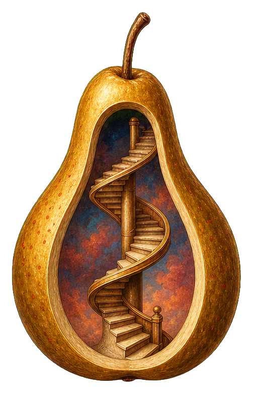 A pear-shaped fruit with a winding staircase inside the hollow center