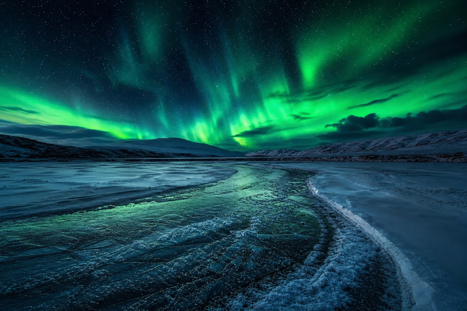 Preview for Aurora Above Frozen River Background