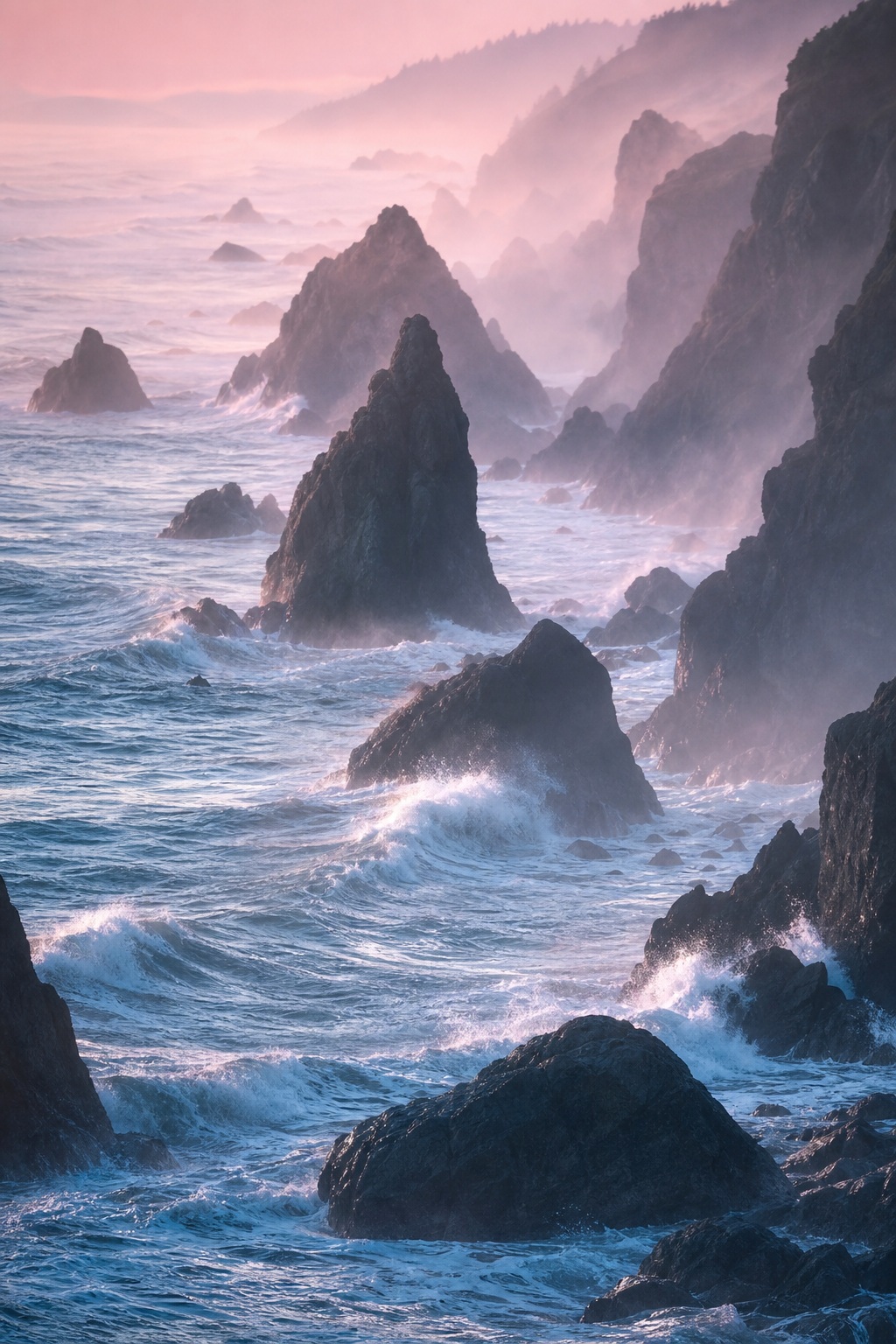 Pink dawn haze over spray-wrapped sea stacks along a rocky ocean coast