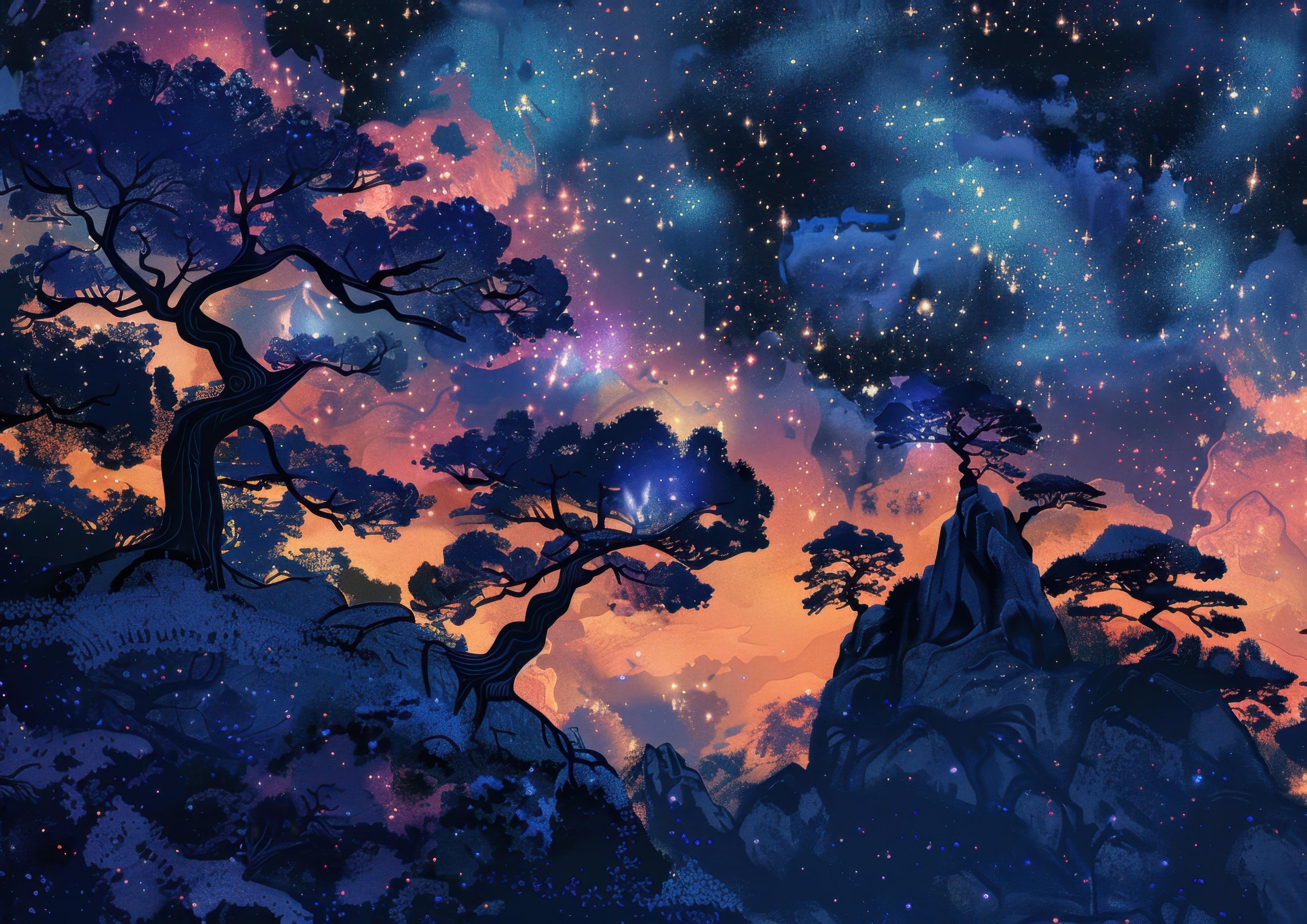Preview for Cosmic-landscape-with-trees-astrophotography-photo-background-66396