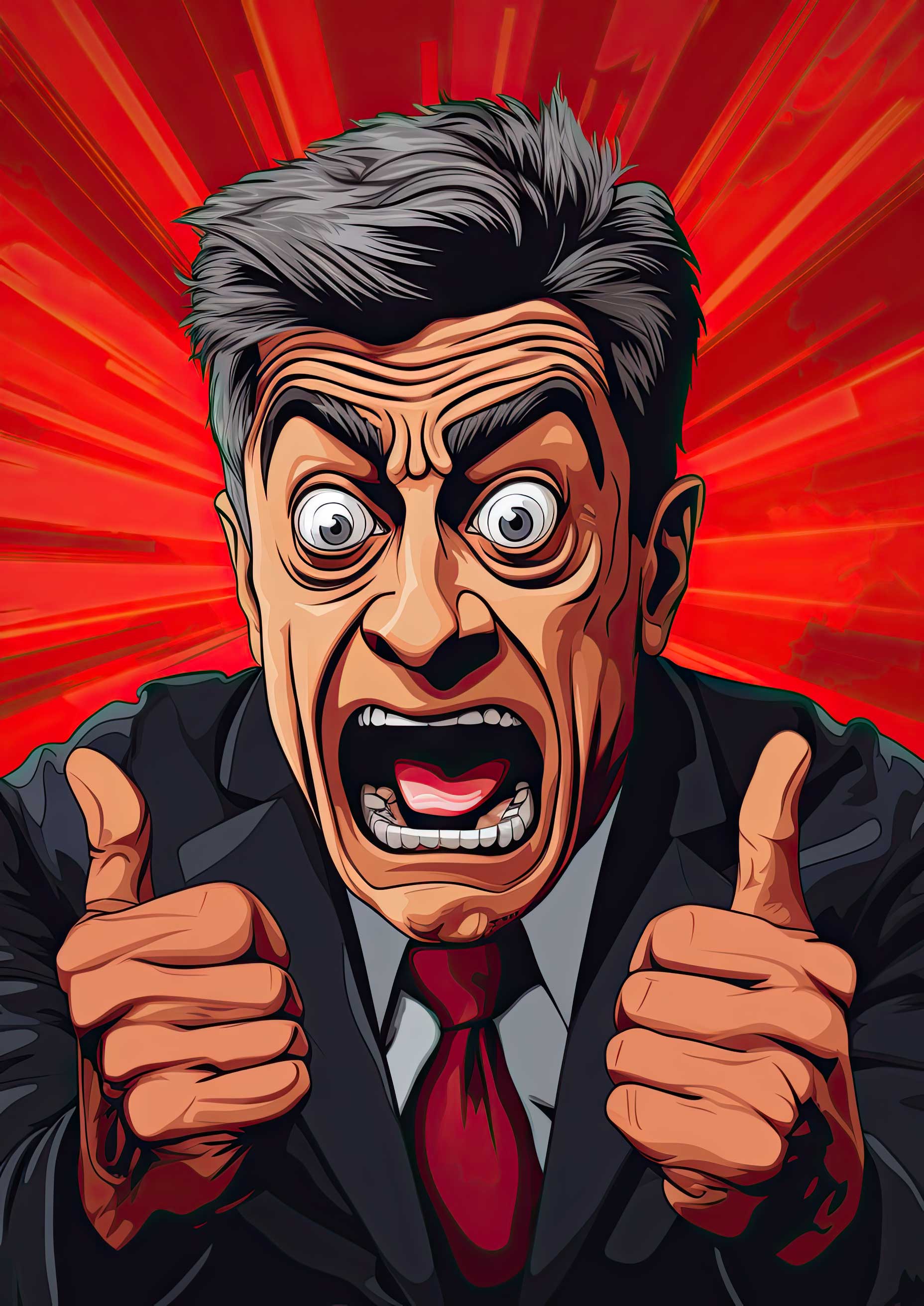 Cartoon businessman in a suit shouting with both thumbs up on a red burst background