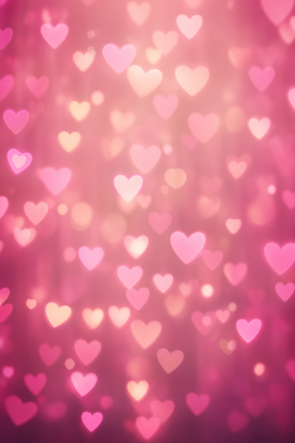 Soft pink vertical background with glowing heart bokeh lights and scattered hearts