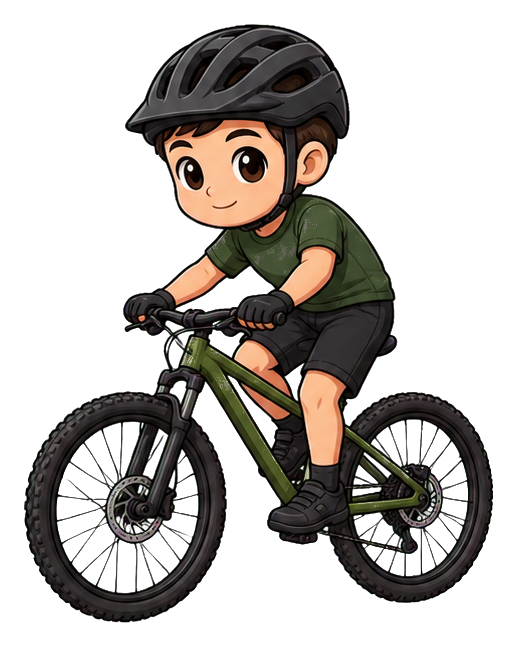 Cute cartoon mountain bike rider wearing a helmet and riding a green bike.