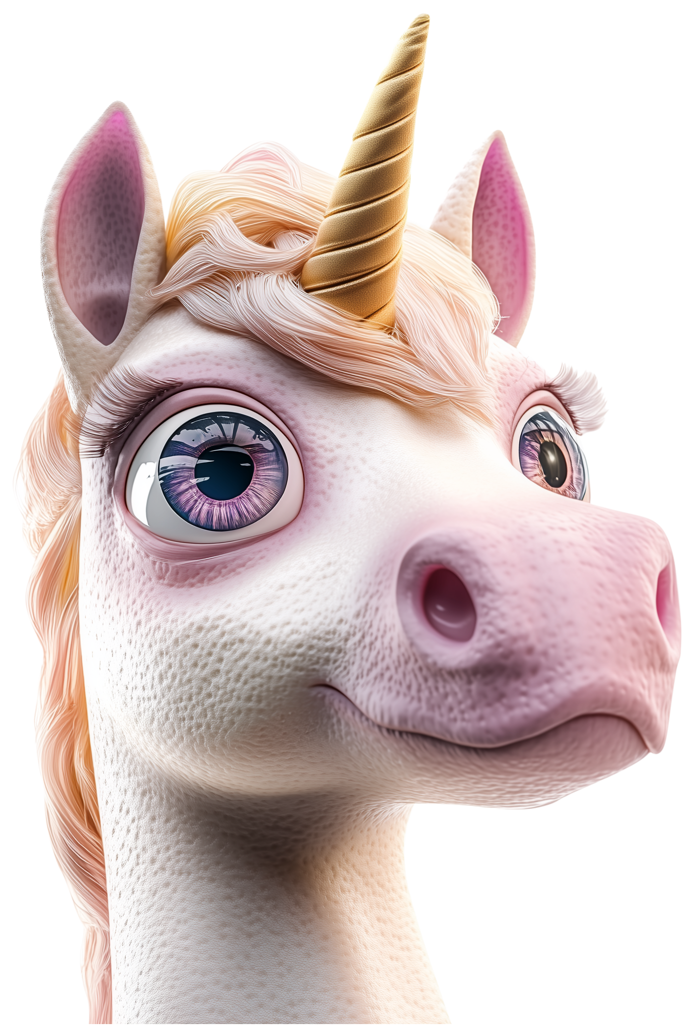 A close-up 3D unicorn head with a pink muzzle, large eyes, and a gold horn.