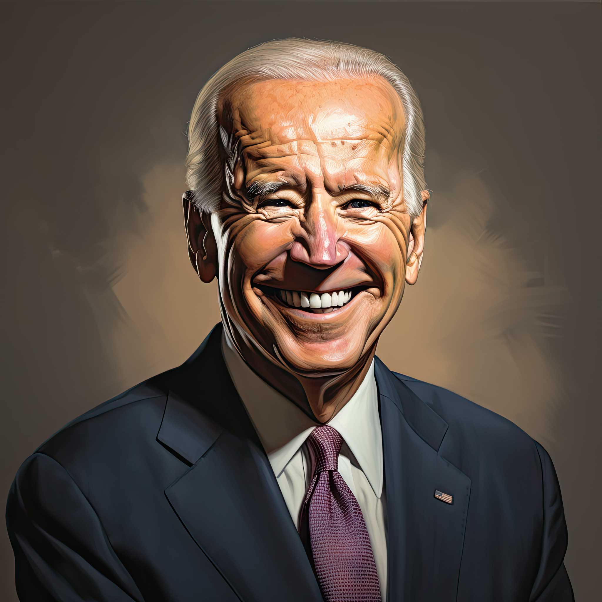 Stylized portrait of Joe Biden smiling in a dark suit and tie against a neutral background.