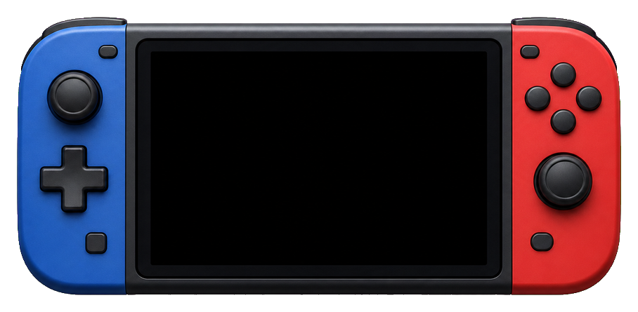 Blank handheld game console with blue left side and red right side.