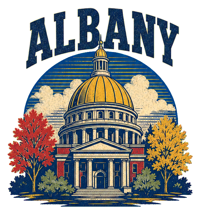 Retro Albany sticker with dome illustration, trees, and bold arched text.