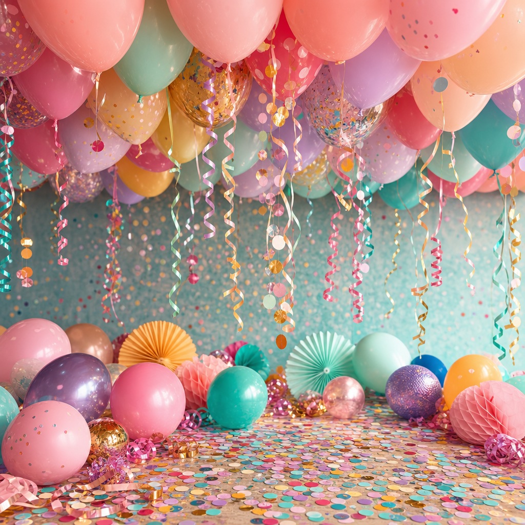 Pastel balloons and retro confetti covering a colorful birthday party background