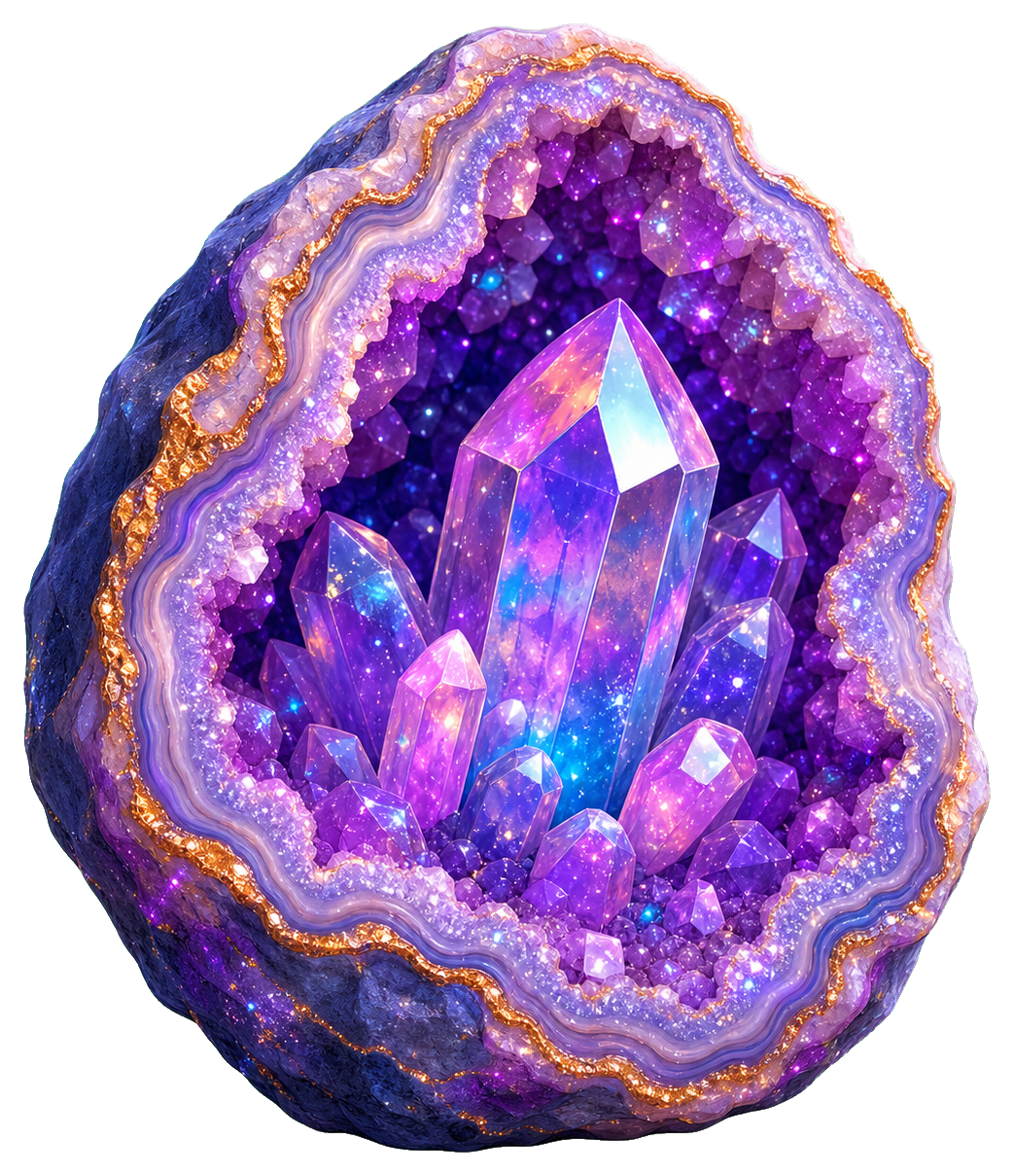 Sparkling purple geode with glowing crystal clusters and glittering edges