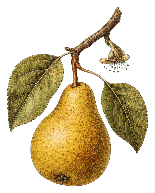 Vintage botanical illustration of a golden pear hanging from a leafy branch