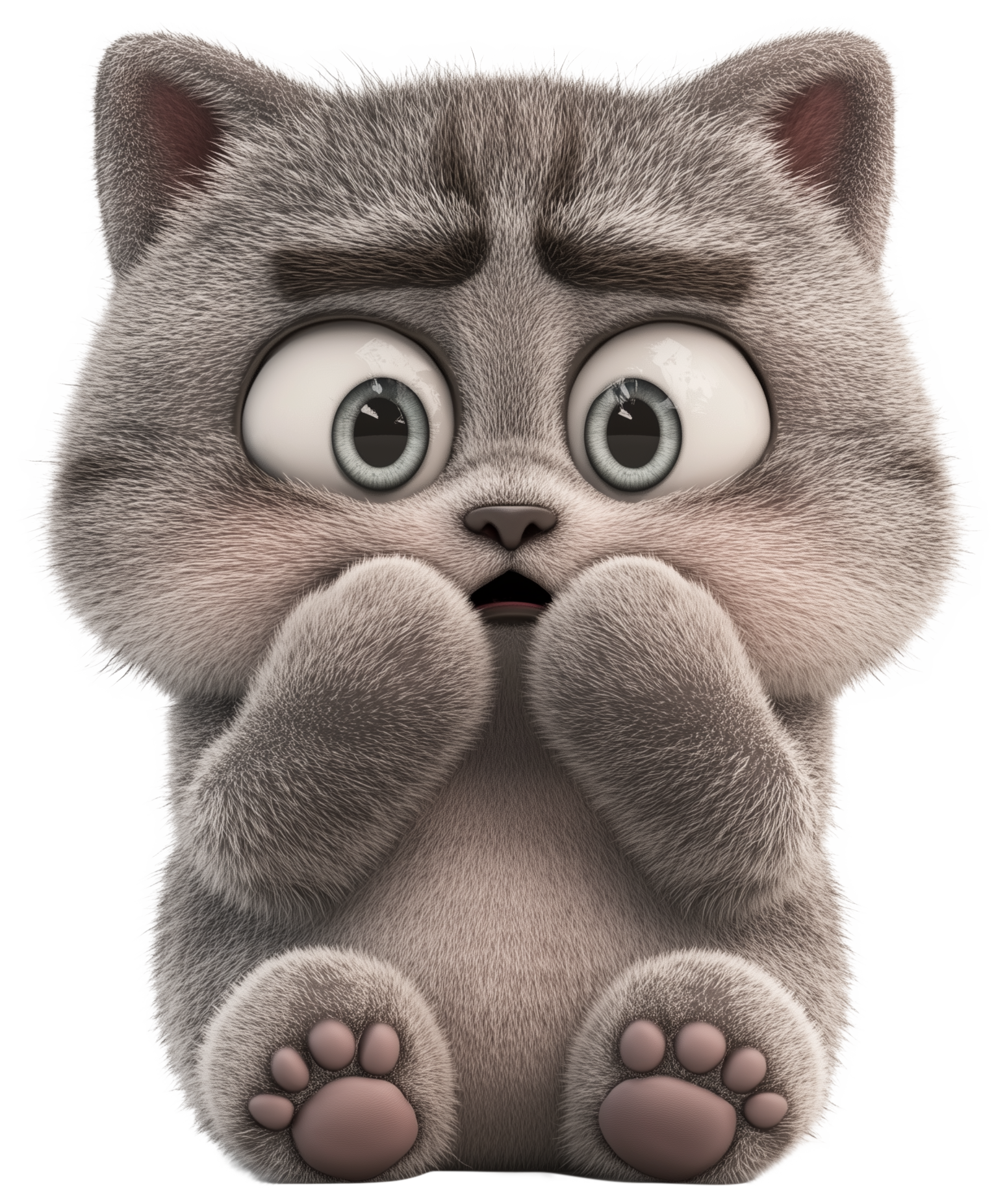 Cute 3D gray cat sticker with big eyes and paws held to its face