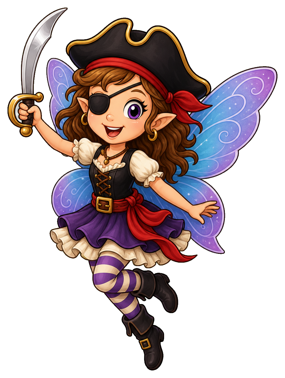 Cute pirate fairy girl with eyepatch, hat, wings, and a sword