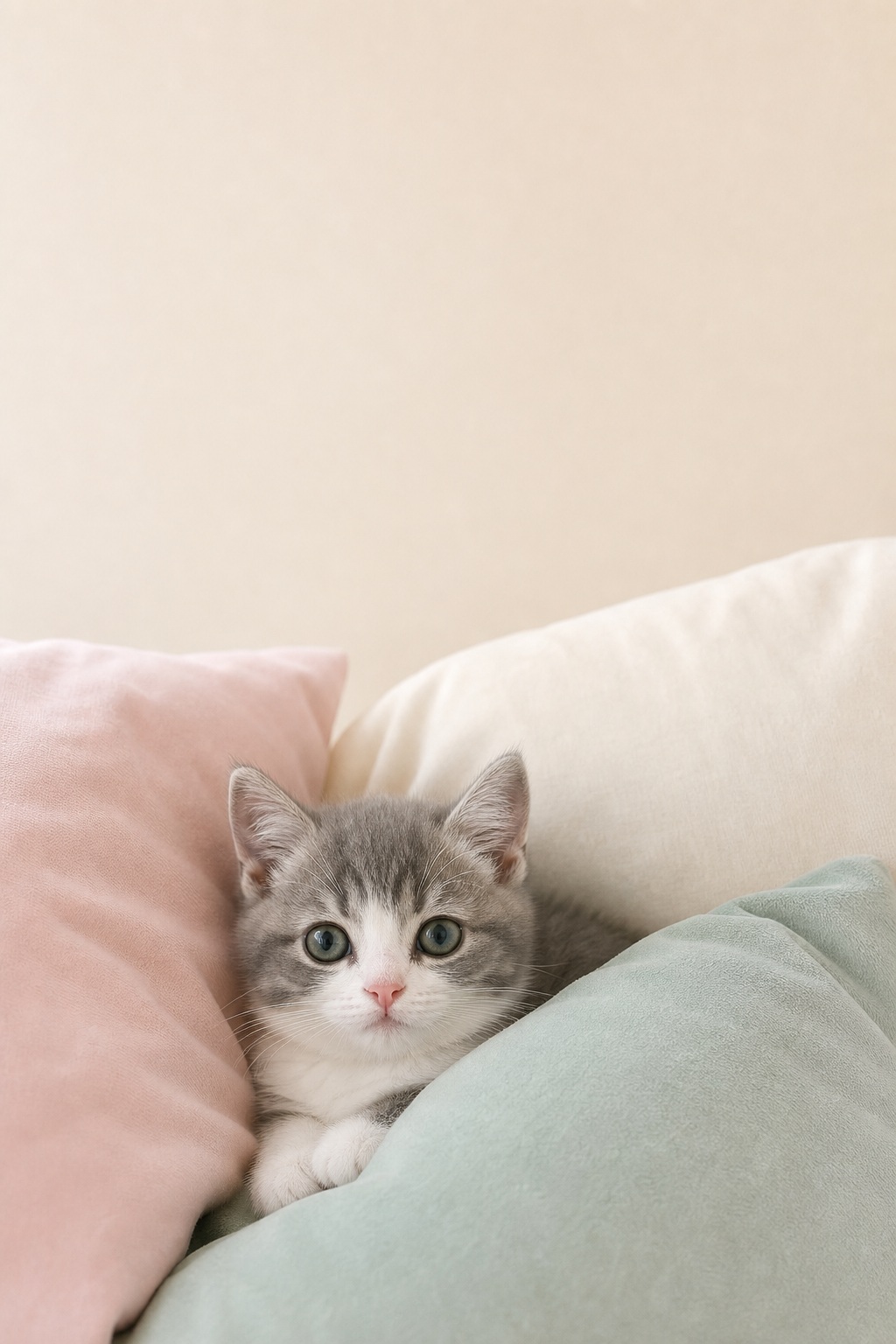 Small gray and white kitten resting between pink and mint pastel pillows.