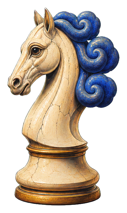 A knight chess piece with a flowing blue cloud-like mane.