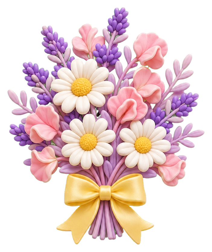 Pink and white daisy bouquet with a yellow ribbon bow