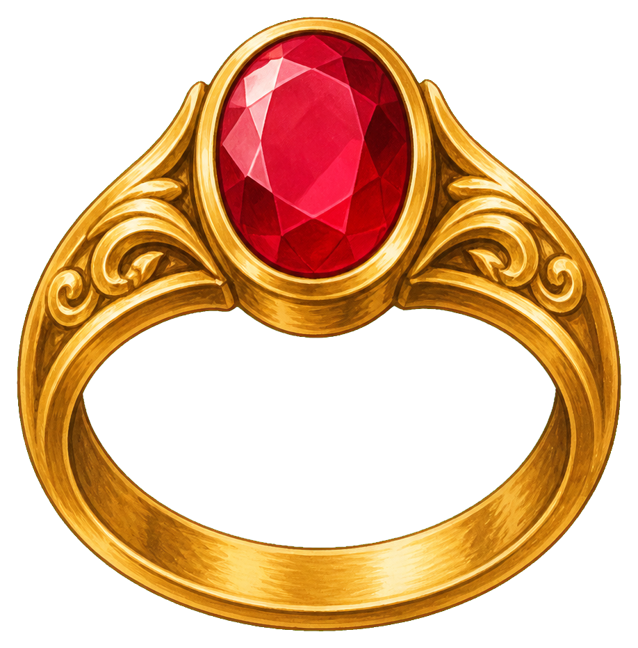 Gold ring with a large red ruby gemstone in a hand-painted gouache style