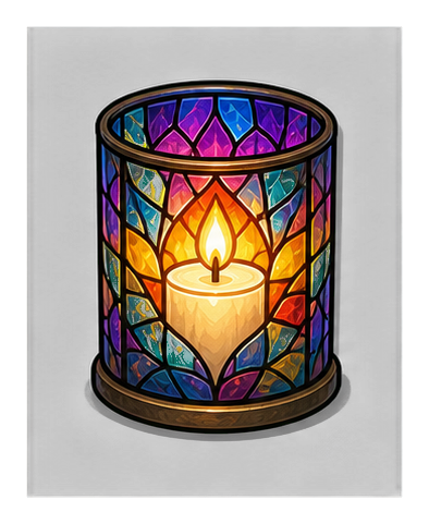 A glowing candle inside a colorful stained glass lantern-style design.