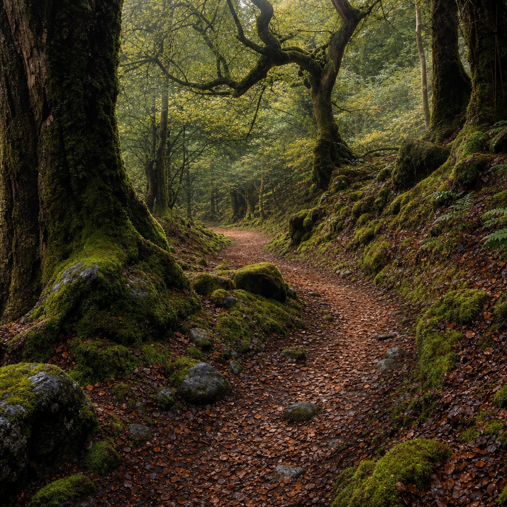 Misty forest path winding through mossy trees in a woodland scene