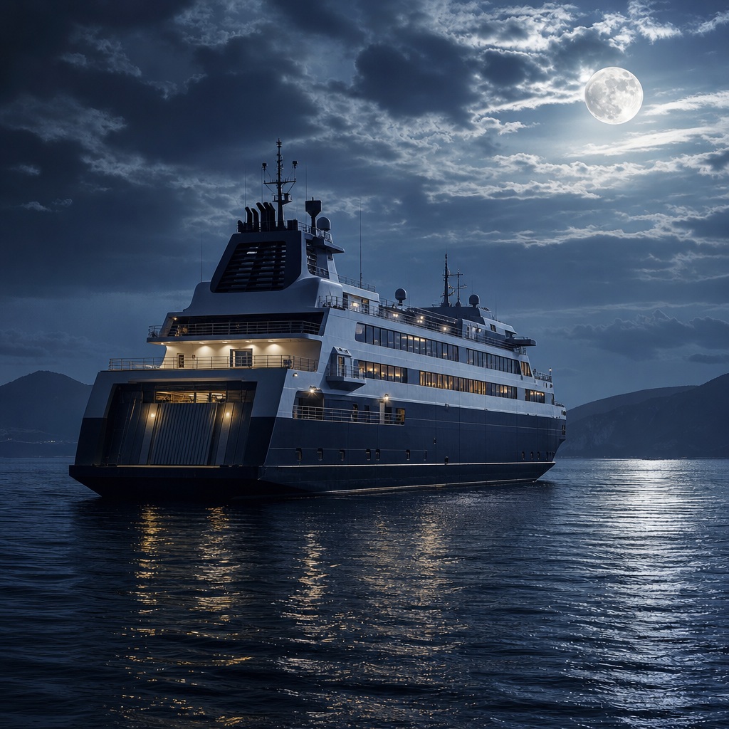 Large ferry ship sailing on calm water under a bright moon and cloudy night sky.